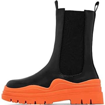 Stylish SANIOOOI Platform Chelsea Booties - Trendy Mid Calf Boots with Chunky Double Heel and Slip-o...