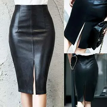 RAMISU Faux Leather Pencil Skirt High Waist Split Lady's Half Body Midi Hip Skirt 8017 XXL Black