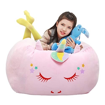 Unicorn Stuffed Animal Toy Storage, Bean Bag Chair Cover ONLY, Velvet Extra Soft Organization Replac...
