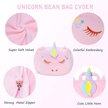 Unicorn Stuffed Animal Toy Storage, Bean Bag Chair Cover ONLY, Velvet Extra Soft Organization Replace Mesh Hammock for Kids Blankets Towels Clothes Home Supplies Pink