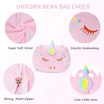 Unicorn Stuffed Animal Toy Storage, Bean Bag Chair Cover ONLY, Velvet Extra Soft Organization Replace Mesh Hammock for Kids Blankets Towels Clothes Home Supplies Pink