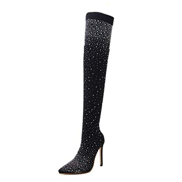azmodo Womens Diamante Sparkly Pointed Toe Thigh High Heeled Boots