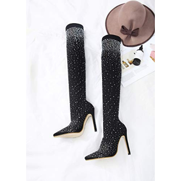 Stylish Rhinestone Thigh High Heeled Boots for Women