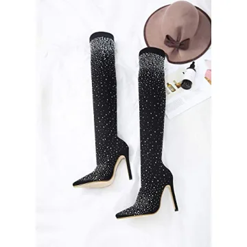 Stylish Rhinestone Thigh High Heeled Boots for Women