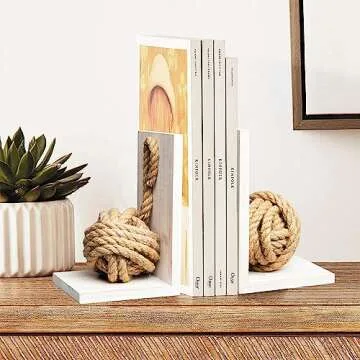 Defined Deco Decorative Bookends,Vintage Wood Bookends with Heavy Nautical Knot Rope,Beach House Boo...