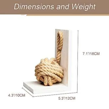 Defined Deco Decorative Bookends,Vintage Wood Bookends with Heavy Nautical Knot Rope,Beach House Book Ends for Shelves,Sturdy Book Holders,L Shaped Bookends for Office,Home Decoration,Pack of 2.