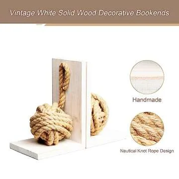 Defined Deco Decorative Bookends,Vintage Wood Bookends with Heavy Nautical Knot Rope,Beach House Book Ends for Shelves,Sturdy Book Holders,L Shaped Bookends for Office,Home Decoration,Pack of 2.