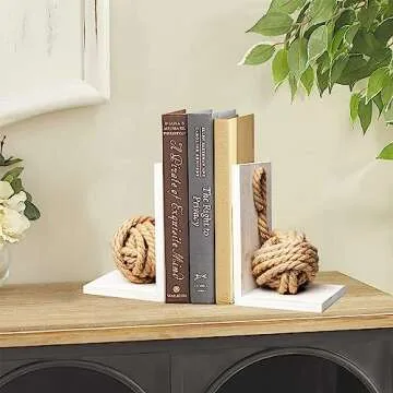 Defined Deco Decorative Bookends,Vintage Wood Bookends with Heavy Nautical Knot Rope,Beach House Book Ends for Shelves,Sturdy Book Holders,L Shaped Bookends for Office,Home Decoration,Pack of 2.
