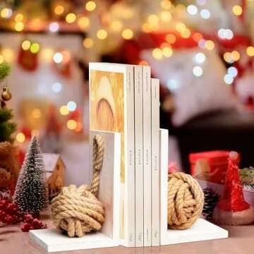 Defined Deco Decorative Bookends,Vintage Wood Bookends with Heavy Nautical Knot Rope,Beach House Book Ends for Shelves,Sturdy Book Holders,L Shaped Bookends for Office,Home Decoration,Pack of 2.