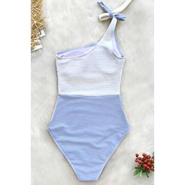 CUPSHE Women's One Piece Swimsuit One Shoulder Tie Strap Color Block Asymmetric Bathing Suits Blue,M