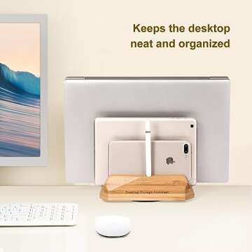 Muchly Vertical Laptop Stand - 3 Slots, Wood Holder for Laptops, Tablets, Phones