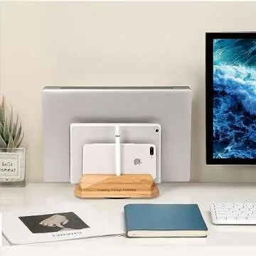 Muchly Vertical Laptop Stand - Bamboo Organizer for All Devices