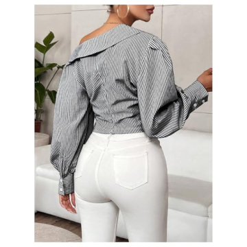 OYOANGLE Women's Ruched Striped Asymmetrical Neck Blouse Lantern Long Sleeve Hanky Hem Office Shirt Tops Black Small