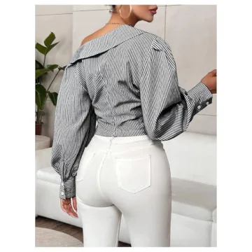 OYOANGLE Women's Ruched Striped Asymmetrical Neck Blouse Lantern Long Sleeve Hanky Hem Office Shirt Tops Black Small