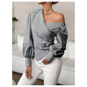 OYOANGLE Women's Ruched Striped Asymmetrical Neck Blouse Lantern Long Sleeve Hanky Hem Office Shirt Tops Black Small