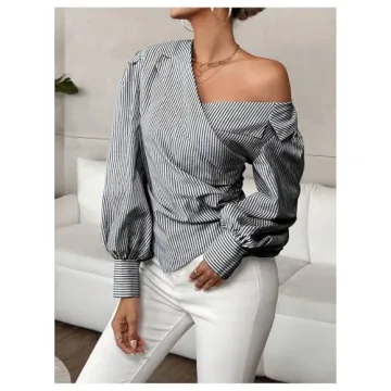 OYOANGLE Women's Ruched Striped Asymmetrical Neck Blouse Lantern Long Sleeve Hanky Hem Office Shirt Tops Black Small