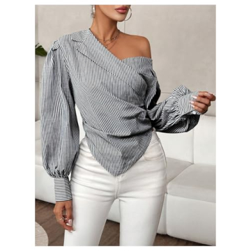 OYOANGLE Women's Ruched Striped Asymmetrical Neck Blouse Lantern Long Sleeve Hanky Hem Office Shirt Tops Black Small