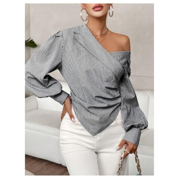 OYOANGLE Women's Ruched Striped Asymmetrical Neck Blouse Lantern Long Sleeve Hanky Hem Office Shirt Tops Black Small