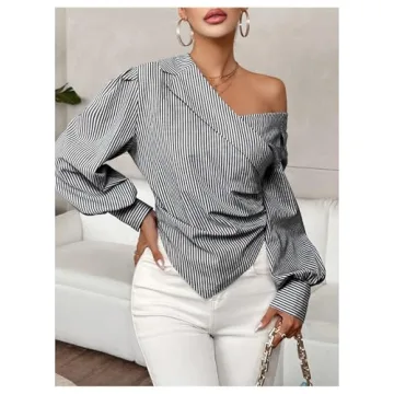 OYOANGLE Women's Ruched Striped Asymmetrical Neck Blouse Lantern Long Sleeve Hanky Hem Office Shirt Tops Black Small