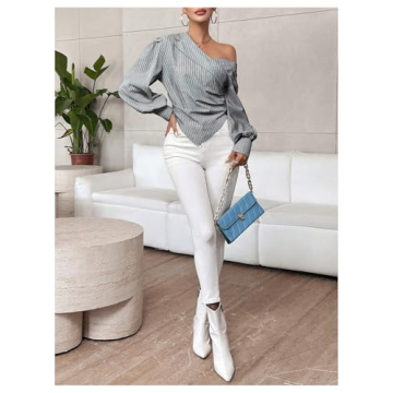 OYOANGLE Women's Ruched Striped Asymmetrical Neck Blouse Lantern Long Sleeve Hanky Hem Office Shirt Tops Black Small