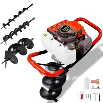 DC HOUSE 63cc Gas Powered Auger Post Hole Digger with 3 Auger Bits for Planting and Fencing