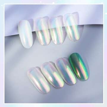 PrettyDiva Iridescent Nail Powder - Mermaid Nails Powder Aurora Powder Chameleon Pigment for Nails, White Iridescent Mica Powder Unicorn Chrome Nails Powder for Nail Art