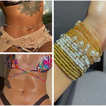 RLMOON 31Inch Waist Beads for Women Layered Belly Bead Chain African Body Chain Waist Beads Beach Colorful Waist Jewelry for Women（8PCS)