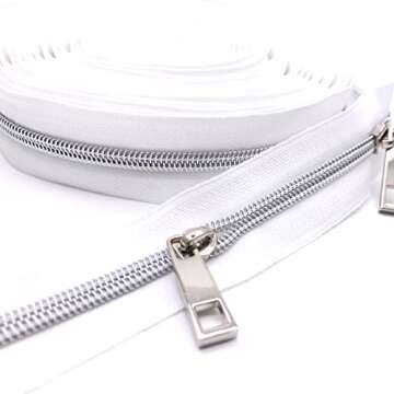 Goyunwell #5 Zipper Pulls Metal Silver Zipper Pulls Bulk 50pcs Zipper Slider Coil Zipper Head Charms Nylon Zipper Pulls for Purse Handbag Making Craft Sewing