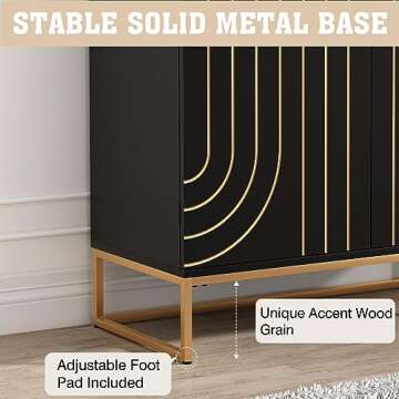 HLR Accent Wood Grain Cabinet with 2 Doors, Storage Cabinet Sideboard with Gold Metal Legs for Living Room,Entryway and Kitchen Dining Room,Black