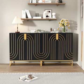 HLR Accent Wood Grain Cabinet with 2 Doors, Storage Cabinet Sideboard with Gold Metal Legs for Living Room,Entryway and Kitchen Dining Room,Black