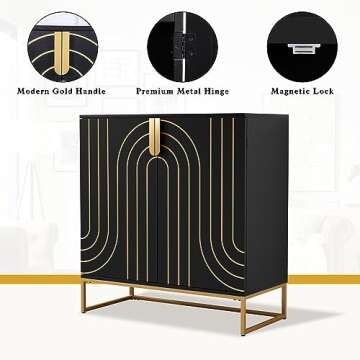 HLR Accent Wood Grain Cabinet with 2 Doors, Storage Cabinet Sideboard with Gold Metal Legs for Living Room,Entryway and Kitchen Dining Room,Black