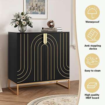 HLR Accent Wood Grain Cabinet with 2 Doors, Storage Cabinet Sideboard with Gold Metal Legs for Living Room,Entryway and Kitchen Dining Room,Black