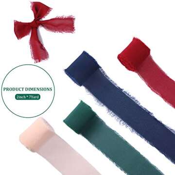 4 Rolls 2 Inch x 7 Yard Christmas Chiffon Ribbon Handmade Frayed Fringe Chiffon Silk-Like Ribbon for...