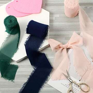 4 Rolls 2 Inch x 7 Yard Christmas Chiffon Ribbon Handmade Frayed Fringe Chiffon Silk-Like Ribbon for Xmas Party Decor Gift Wrapping Crafts Wedding Bouquets(Light Pink, Red, Navy Blue and Dark Cyan)