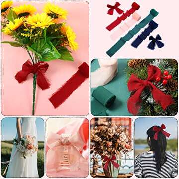 4 Rolls 2 Inch x 7 Yard Christmas Chiffon Ribbon Handmade Frayed Fringe Chiffon Silk-Like Ribbon for Xmas Party Decor Gift Wrapping Crafts Wedding Bouquets(Light Pink, Red, Navy Blue and Dark Cyan)