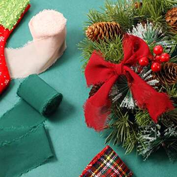4 Rolls 2 Inch x 7 Yard Christmas Chiffon Ribbon Handmade Frayed Fringe Chiffon Silk-Like Ribbon for Xmas Party Decor Gift Wrapping Crafts Wedding Bouquets(Light Pink, Red, Navy Blue and Dark Cyan)