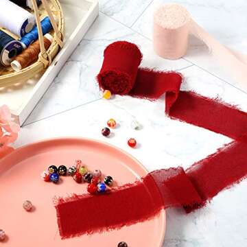 4 Rolls 2 Inch x 7 Yard Christmas Chiffon Ribbon Handmade Frayed Fringe Chiffon Silk-Like Ribbon for Xmas Party Decor Gift Wrapping Crafts Wedding Bouquets(Light Pink, Red, Navy Blue and Dark Cyan)