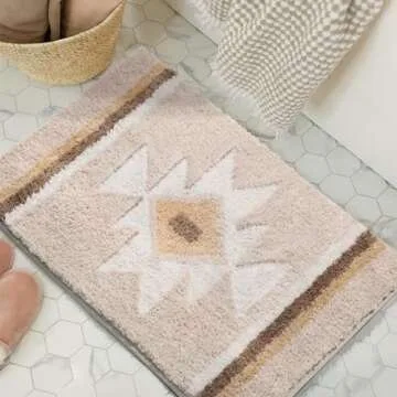 TANVILL Beige Boho Bath Mat - Soft Non-Slip Bathroom Rug