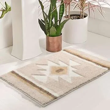 TANVILL Beige Boho Bath Mat - Soft Non-Slip Bathroom Rug