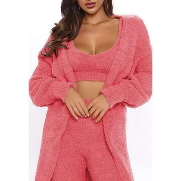 Fixmatti Women Fuzzy Fleece 3 Piece Lounge Set Crop Tops Leggings Long Cardigan Fuzzy Sweatsuit Outfits Pink M