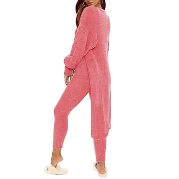 Fixmatti Women Fuzzy Fleece 3 Piece Lounge Set Crop Tops Leggings Long Cardigan Fuzzy Sweatsuit Outfits Pink M