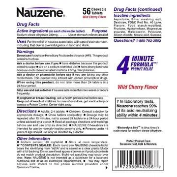 Nauzene Non-drowsy Upset Stomach & Nausea Relief Chewable Tablets - Fast-Acting Relief in 4 Minutes - Doctor Recommended - Wild Cherry Flavor, 56 ct