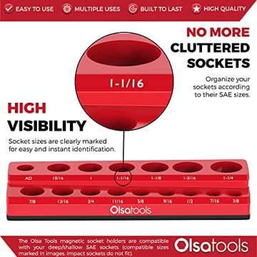 Olsa Tools Magnetic Socket Organizer | 1/2-inch Drive SAE | Red | Holds 16 Sockets | Professional Qu...