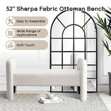 NIOIIKIT Modern Fuzzy Sherpa Upholstered Ottoman Bench