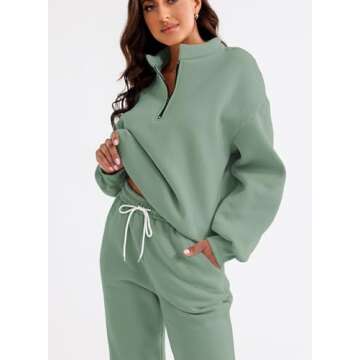 Aleumdr Women's 2025 Fall Fashion Outfits 2 Piece Sweatsuit Solid Color Half Zip Long Sleeve Pullover Long Pants Tracksuit Green Large