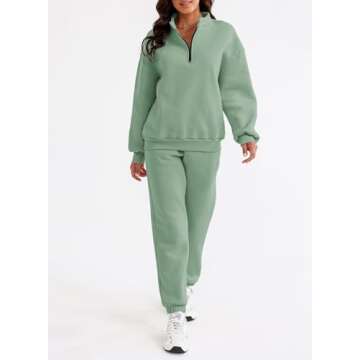 Aleumdr Women's 2025 Fall Fashion Outfits 2 Piece Sweatsuit Solid Color Half Zip Long Sleeve Pullover Long Pants Tracksuit Green Large