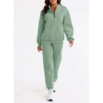 Aleumdr Women's 2025 Fall Fashion Outfits 2 Piece Sweatsuit Solid Color Half Zip Long Sleeve Pullover Long Pants Tracksuit Green Large