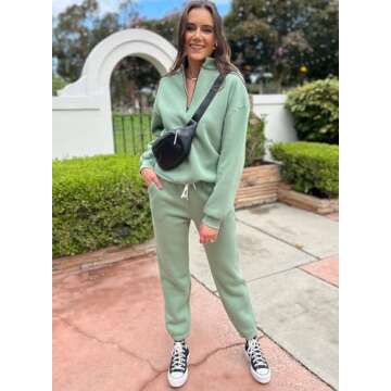 Aleumdr Women's 2025 Fall Fashion Outfits 2 Piece Sweatsuit Solid Color Half Zip Long Sleeve Pullover Long Pants Tracksuit Green Large
