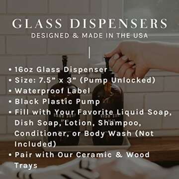 Sweet Water Decor Amber Glass Bottle Refill Soap Dispenser | Farmhouse, Rustic, Waterproof Bathroom Label | 16 oz Reusable Soap Bottles with Pump (Dish Soap)