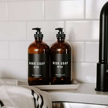 Sweet Water Decor Amber Glass Bottle Refill Soap Dispenser | Farmhouse, Rustic, Waterproof Bathroom Label | 16 oz Reusable Soap Bottles with Pump (Dish Soap)